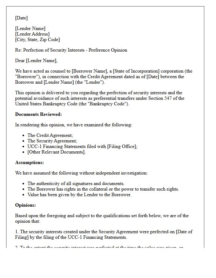 Preference Opinion Letter on Perfection of Security Interests