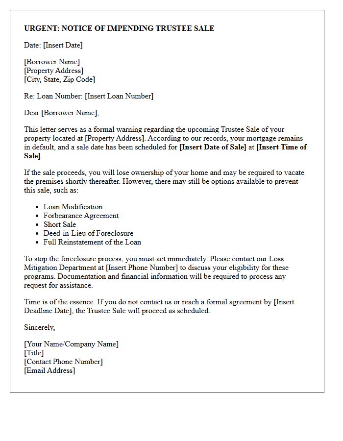 Foreclosure Prevention Trustee Sale Warning Letter