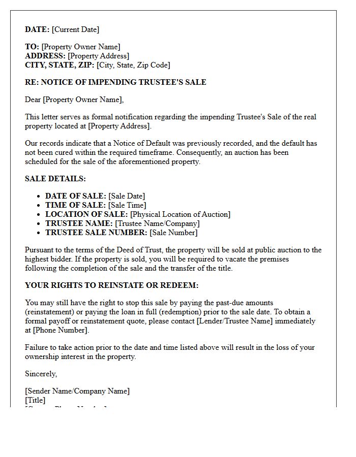 Trustee Sale Impending Auction Notification Letter