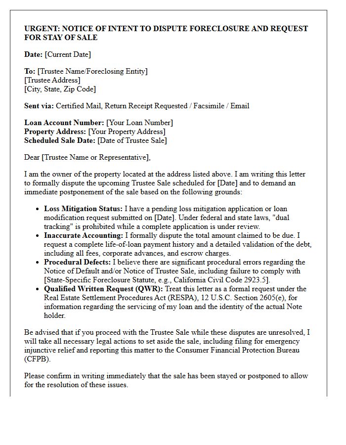 Homeowner Urgent Trustee Sale Defense Letter