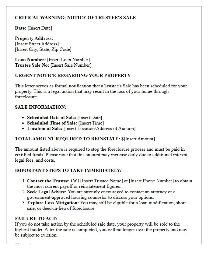Critical Warning Trustee Sale Notification Letter