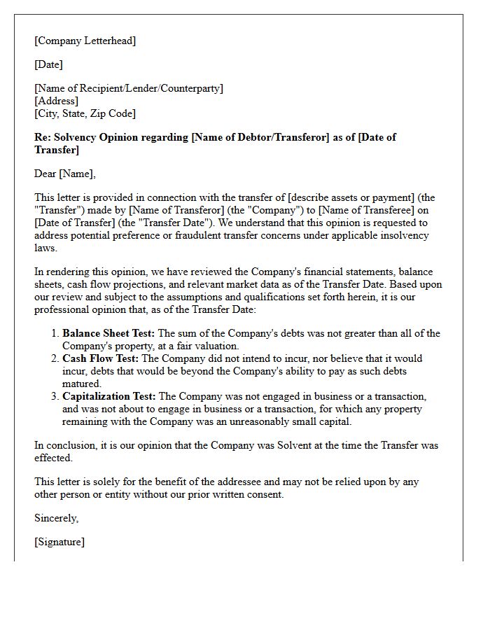 Preference Opinion Letter on Solvency at Time of Transfer