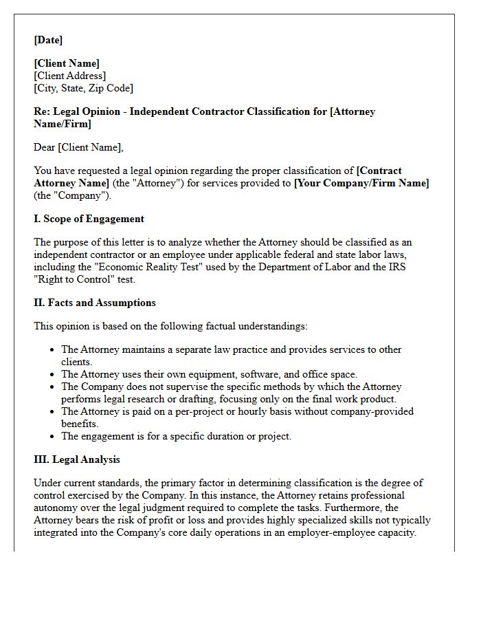 Contract Attorney Independent Contractor Classification Opinion Letter
