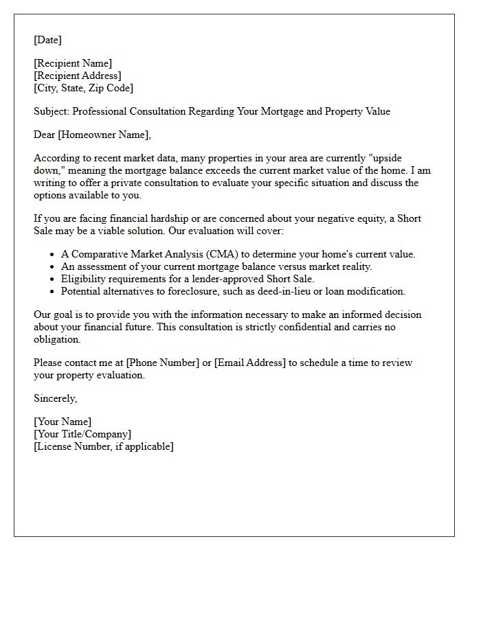 Short Sale Evaluation Upside Down Mortgage Consultation Letter
