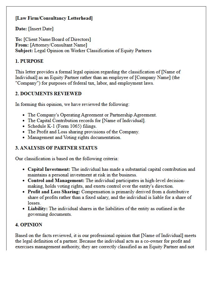 Equity Partner Worker Classification Opinion Letter
