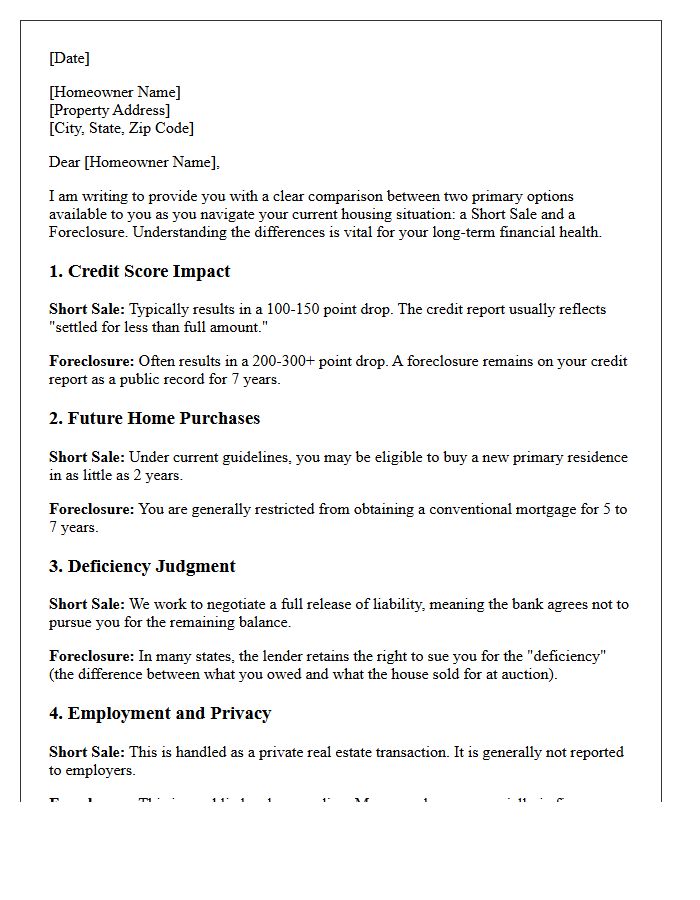 Distressed Homeowner Short Sale Versus Foreclosure Comparison Letter