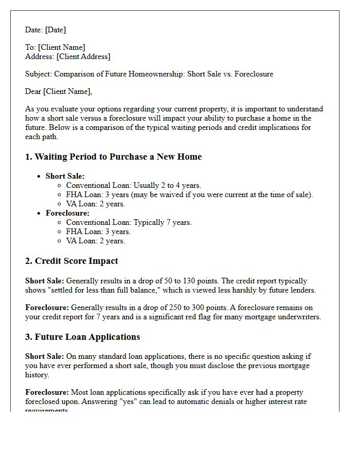 Future Homeownership Short Sale Versus Foreclosure Comparison Letter