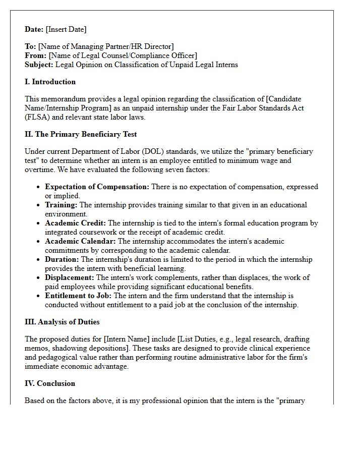 Unpaid Legal Intern Classification Opinion Letter