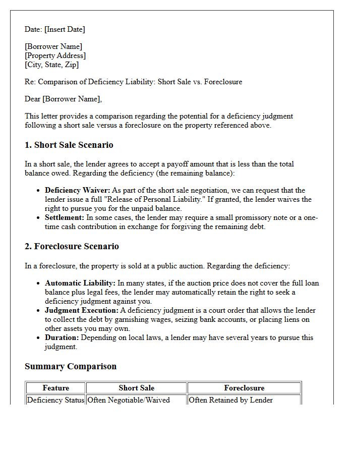 Deficiency Judgment Short Sale Versus Foreclosure Comparison Letter