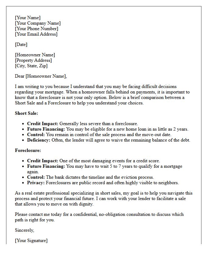 Real Estate Agent Introductory Short Sale Versus Foreclosure Comparison Letter