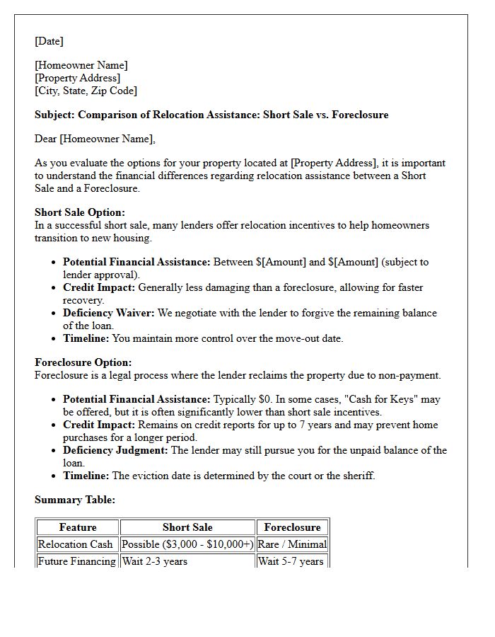 Relocation Assistance Short Sale Versus Foreclosure Comparison Letter