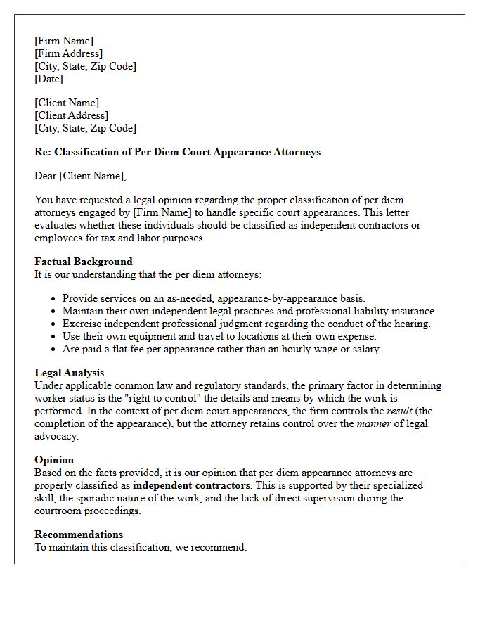 Per Diem Court Appearance Attorney Classification Opinion Letter