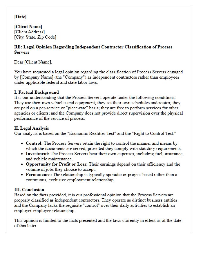 Independent Process Server Classification Opinion Letter