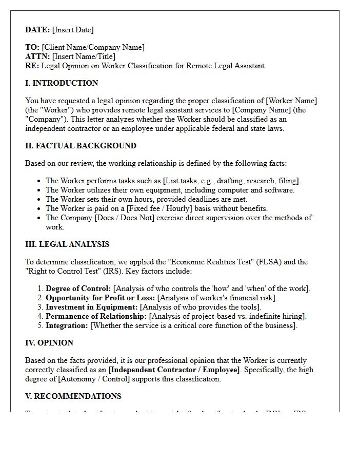 Remote Legal Assistant Worker Classification Opinion Letter