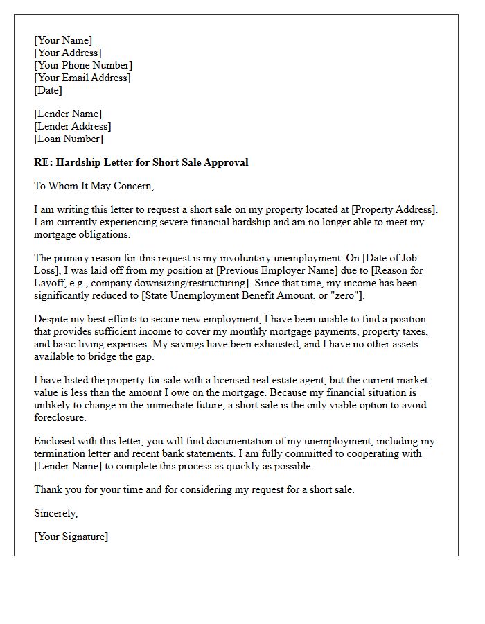 Unemployment Hardship Letter for Short Sale Approval