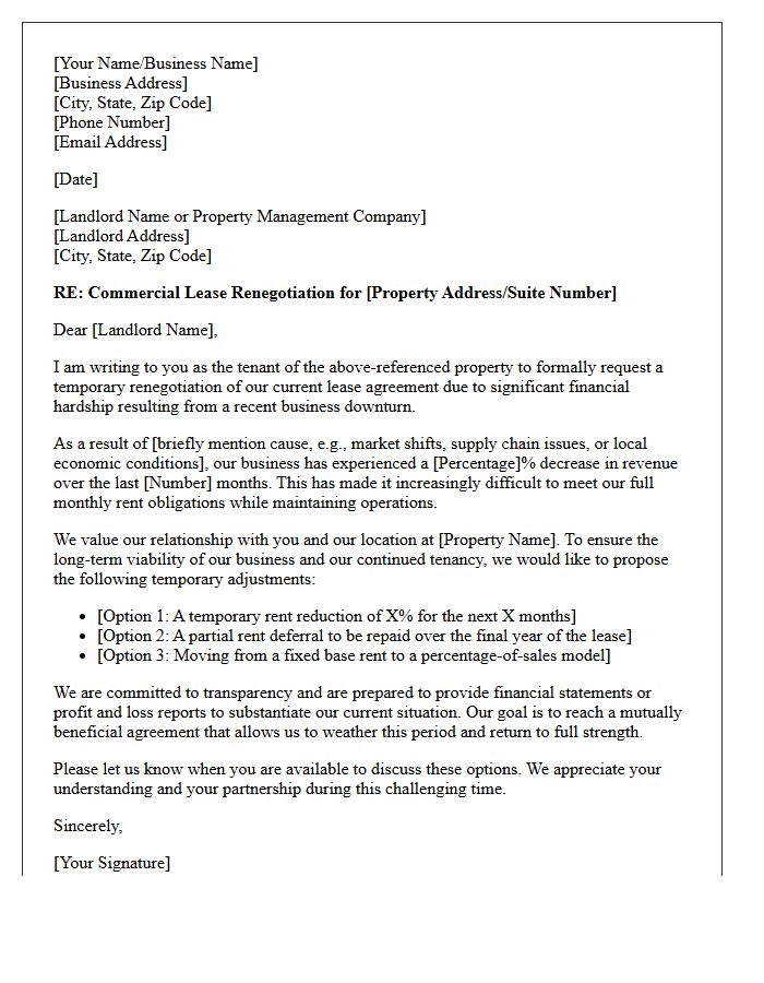 Business Downturn Hardship Letter for Commercial Lease Renegotiation