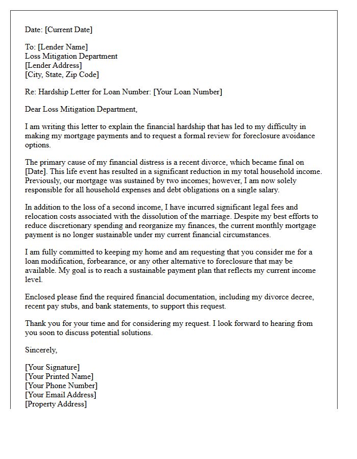 Divorce Income Reduction Hardship Letter for Foreclosure Avoidance