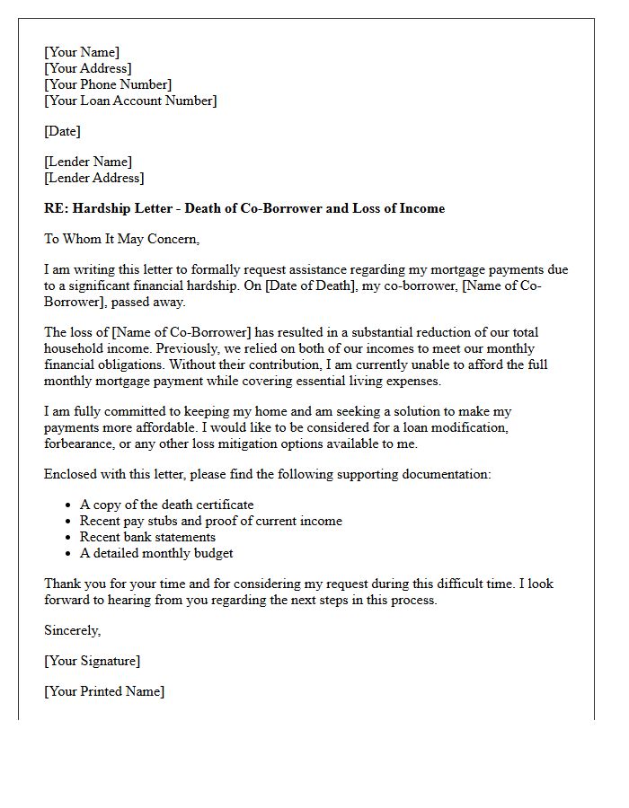 Death of Co-Borrower Loss of Income Hardship Letter