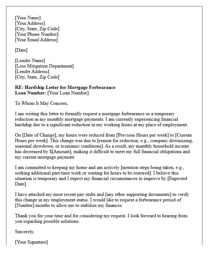 Reduced Working Hours Hardship Letter for Mortgage Forbearance
