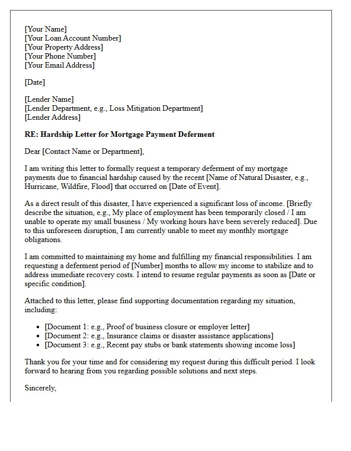 Natural Disaster Income Loss Hardship Letter for Property Loan Deferment