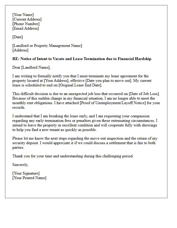 Unexpected Job Loss Hardship Letter for Lease Termination