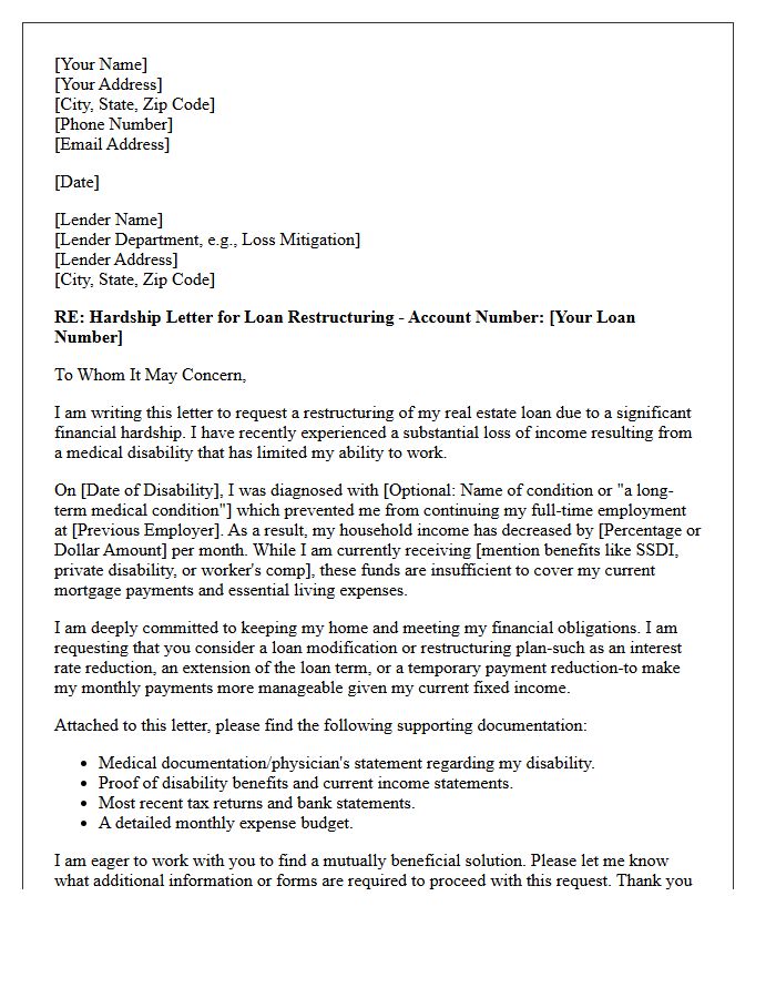 Disability Income Loss Hardship Letter for Real Estate Loan Restructuring