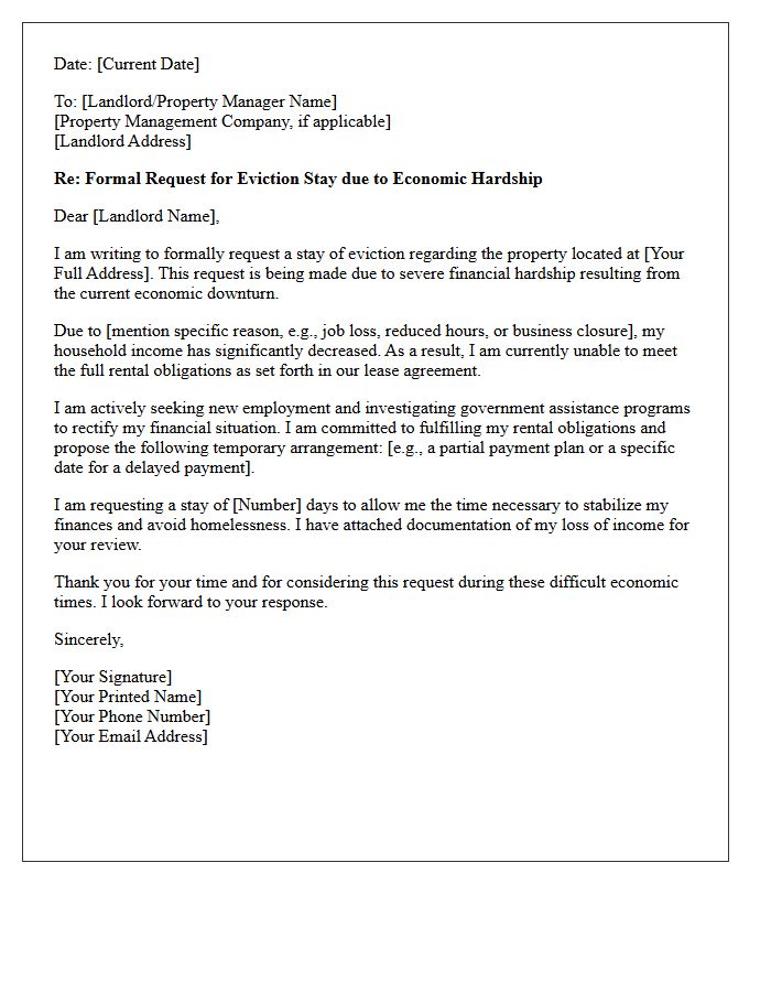 Economic Downturn Hardship Letter for Tenant Eviction Stay