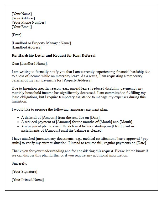 Maternity Leave Income Loss Hardship Letter for Rent Deferral