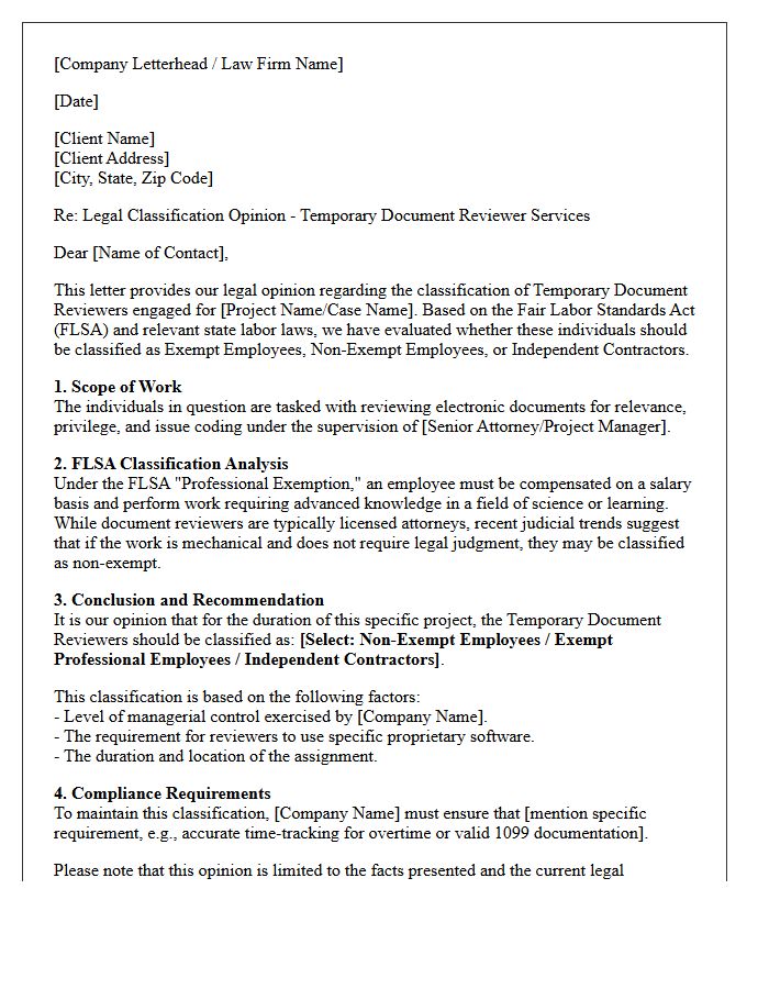 Temporary Document Reviewer Classification Opinion Letter
