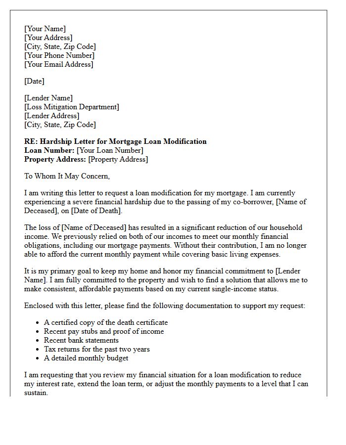 Mortgage Loan Modification Hardship Letter Due to Death of Co-Borrower