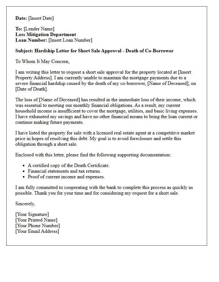 Short Sale Approval Hardship Letter After Death of Co-Borrower