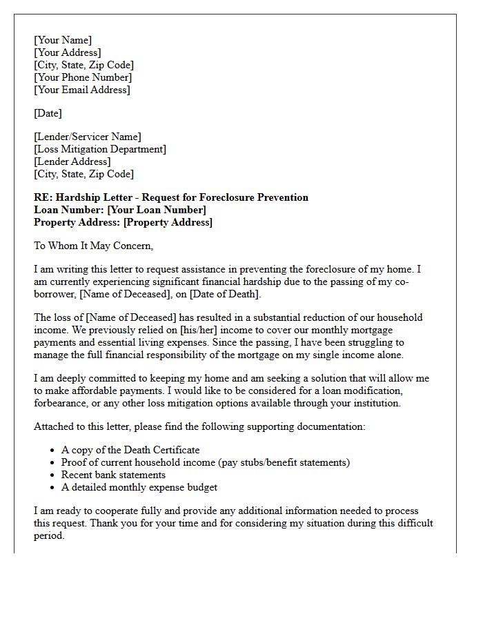 Foreclosure Prevention Hardship Letter Following Death of Co-Borrower