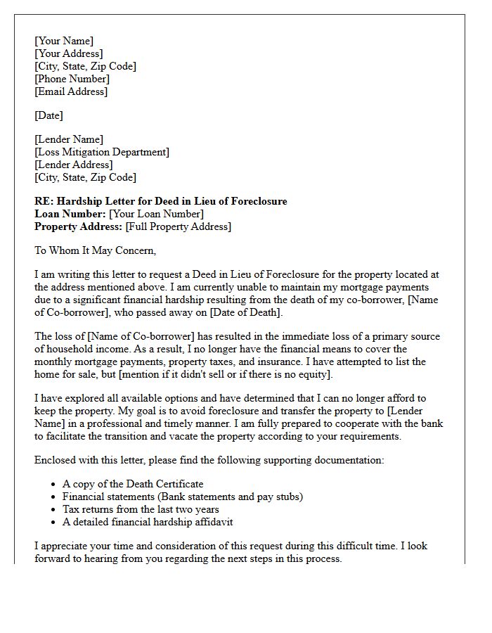 Deed in Lieu of Foreclosure Hardship Letter Due to Death of Co-Borrower