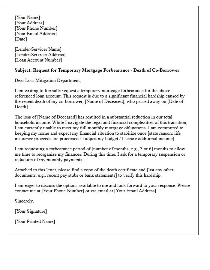 Temporary Forbearance Hardship Letter After Death of Co-Borrower