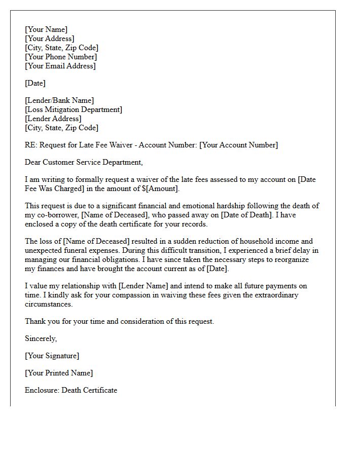 Late Fee Waiver Hardship Letter Following Death of Co-Borrower