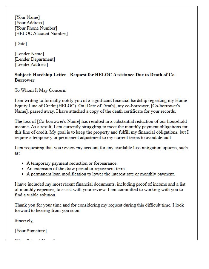 Home Equity Line of Credit Hardship Letter Due to Death of Co-Borrower