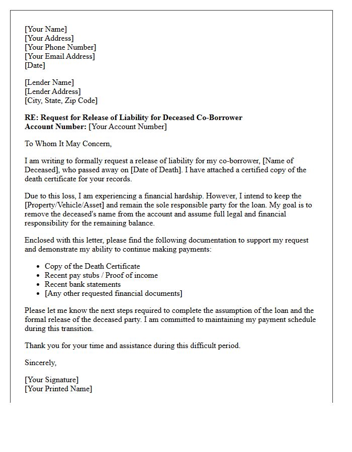 Release of Liability Hardship Letter for Deceased Co-Borrower