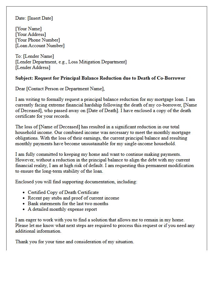 Principal Balance Reduction Hardship Letter After Death of Co-Borrower