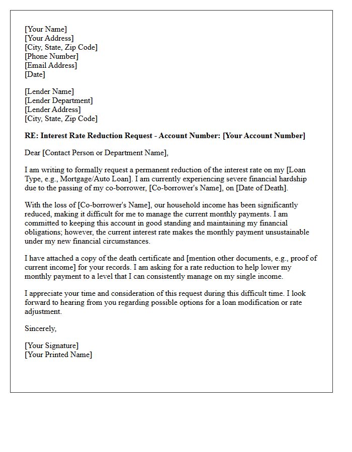 Interest Rate Reduction Hardship Letter for Surviving Co-Borrower