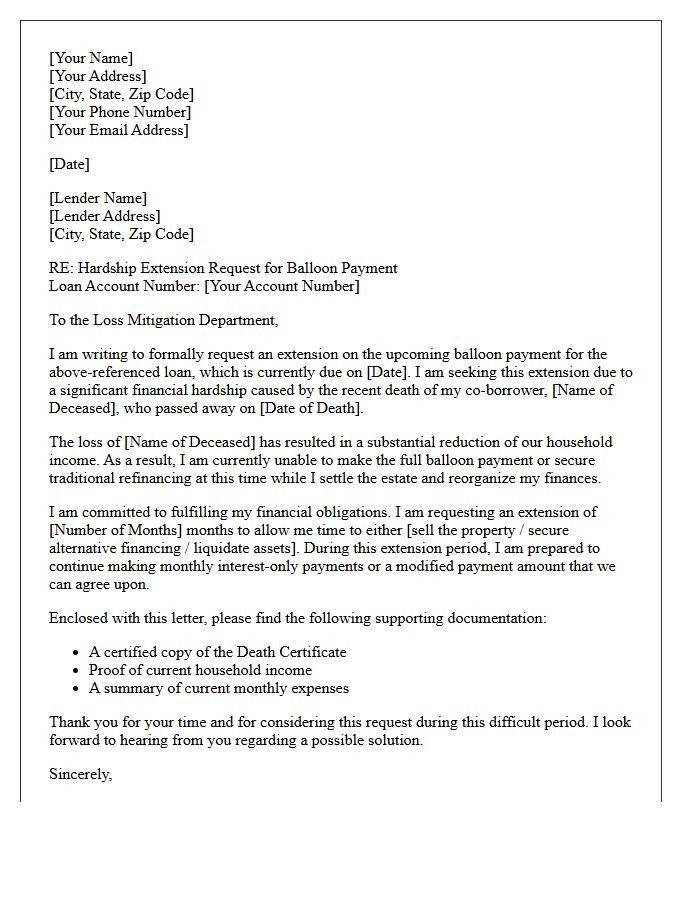 Balloon Payment Extension Hardship Letter Due to Death of Co-Borrower