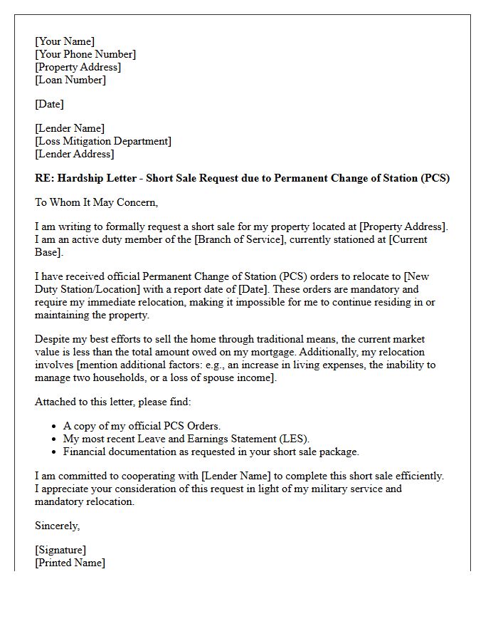 Military Permanent Change Of Station Short Sale Hardship Letter