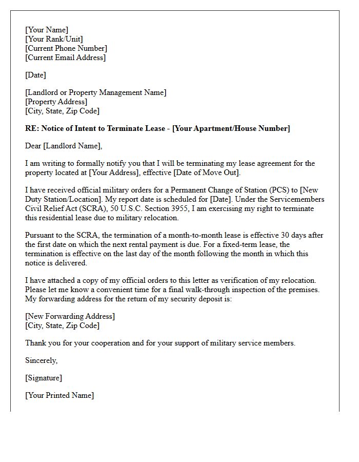 Military Permanent Change Of Station Lease Termination Hardship Letter