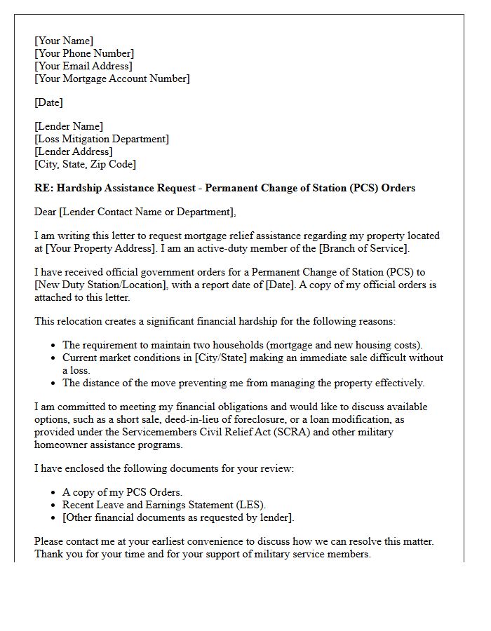 Military Permanent Change Of Station Mortgage Relief Hardship Letter