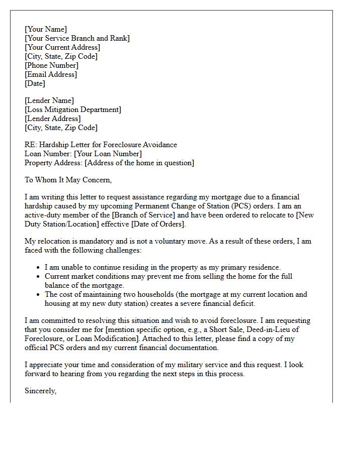 Military Permanent Change Of Station Foreclosure Avoidance Hardship Letter