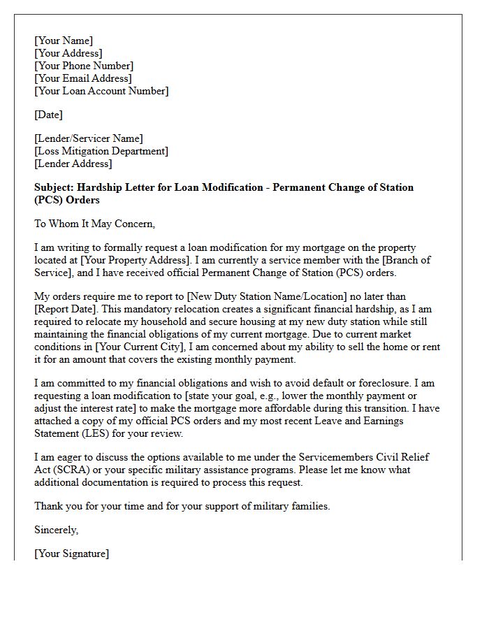 Military Permanent Change Of Station Loan Modification Hardship Letter