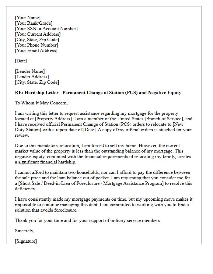 Military Permanent Change Of Station Negative Equity Hardship Letter