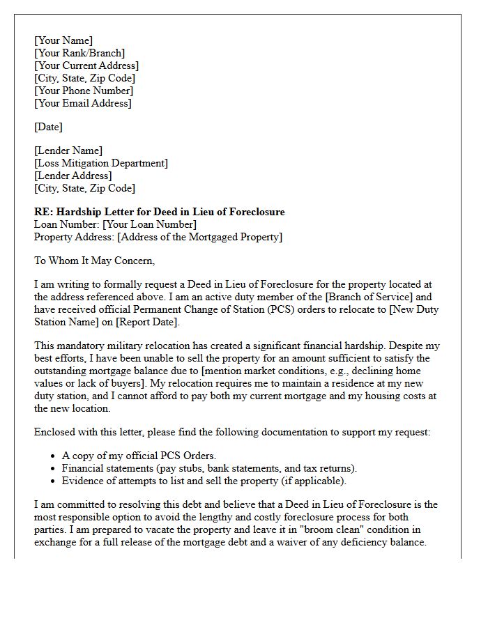 Military Permanent Change Of Station Deed In Lieu Of Foreclosure Hardship Letter