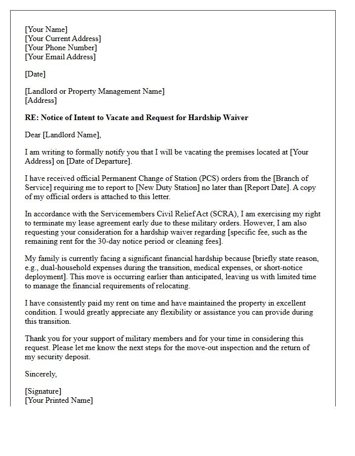 Military Permanent Change Of Station Early Vacate Hardship Letter