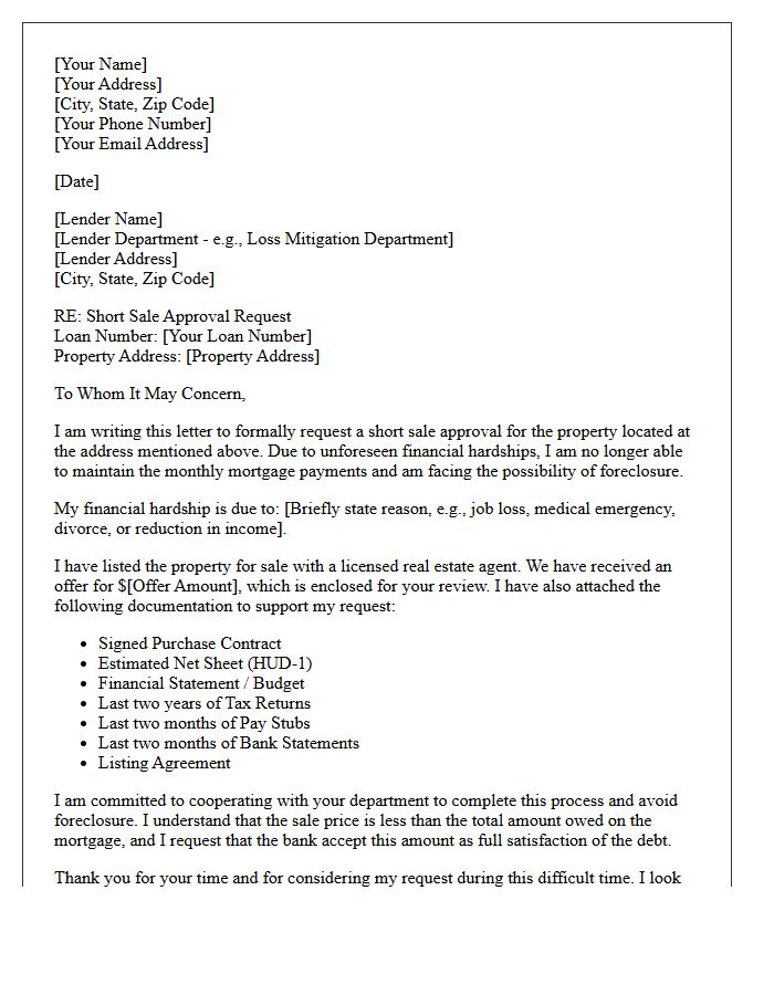 Financial Hardship Short Sale Approval Request Letter