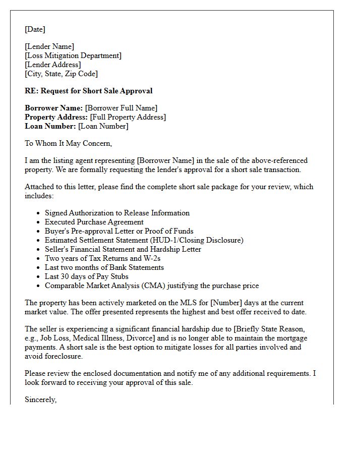 Real Estate Agent Request for Short Sale Approval Letter